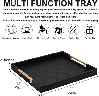 Black Faux Leather Decorative Serving Tray with Handles – Large Square for Coffee Table, Ottoman, Living Room & Bathroom Home Decor