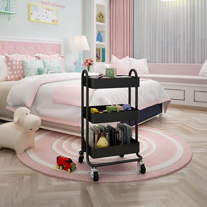 Metal Rolling Cart,3-Tier Metal Rolling Cart with Wheels,3 Tier Utility Cart with Wheels for Office,Home,Kitchen,Garden（13.4"x18.1"x31"） Black