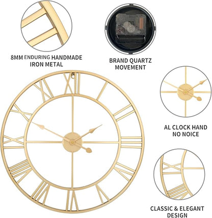 Vintage Retro Roman Numerals Metal Gold Large Wall Clock - 24 Inch Silent Non-Ticking Decorative, Battery Operated for Farmhouse, Kitchen, Bedroom