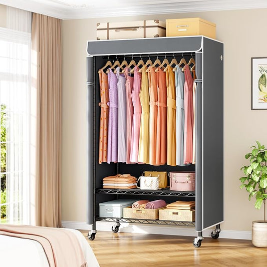 ULIFHOME P6C Rolling Clothes Rack with Cover, Covered Clothing Racks Heavy Duty, Portable Closet for Hanging Clothes, Garment Racks on Wheels, Black Closet Rack with Gray Cover, Max Load 365LBS