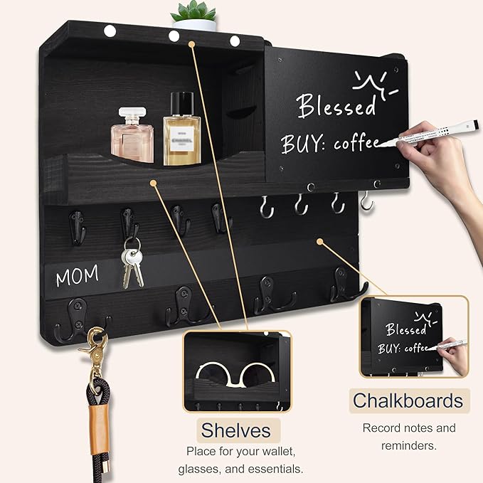 Key Holder for Wall Mount with Shelf and Mail Organizer, Key and Mail Holder with 16 Hooks, Farmhouse Entryway Organizer, Home Decor Rack (Pine Wood, Black)