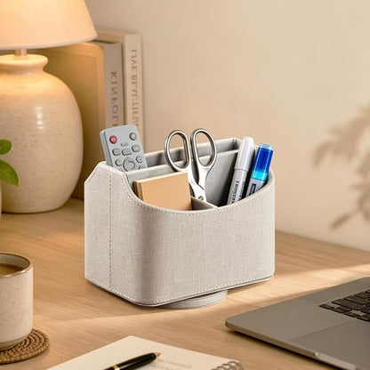 PUSU Leather 360°Rotatable Remote Control Holder,Nightstand TV Remote Caddy,Office Supplies Desktop Organizer,Spinning Storage Box for Pen,Mail,Phone,DVD, Blu-Ray, Media Player, Heater Controllers