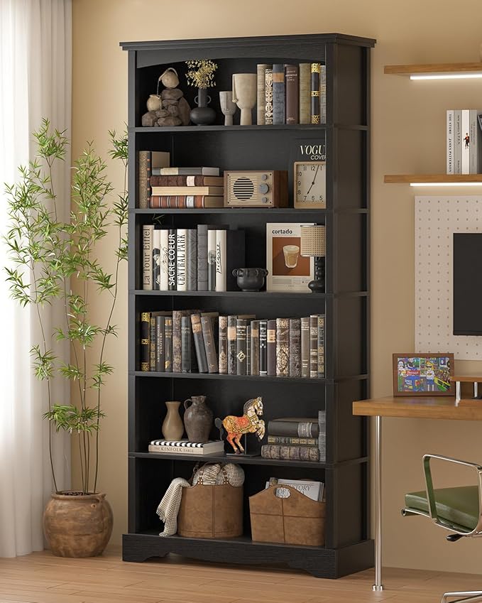 TVU 6-Tier Wooden Bookshelf, 76 Inch Tall Bookshelf with Storage, Floor Standing Modern Style Display Bookcase for Living Room, Office, Study Room, Entryway, Black