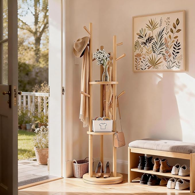 Solid Wood Rotary Coat Rack, Coat Rack Freestanding with 3 Storage Shelves & 9 hooks, Coat Tree for Entryway, Livingroom, Bedroom, Coat Hanger Stand for Coats, Scarves, Handbags, Hat (Natural)