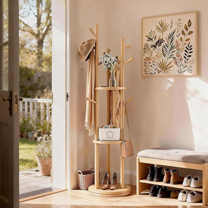 Solid Wood Rotary Coat Rack, Coat Rack Freestanding with 3 Storage Shelves & 9 hooks, Coat Tree for Entryway, Livingroom, Bedroom, Coat Hanger Stand for Coats, Scarves, Handbags, Hat (Natural)