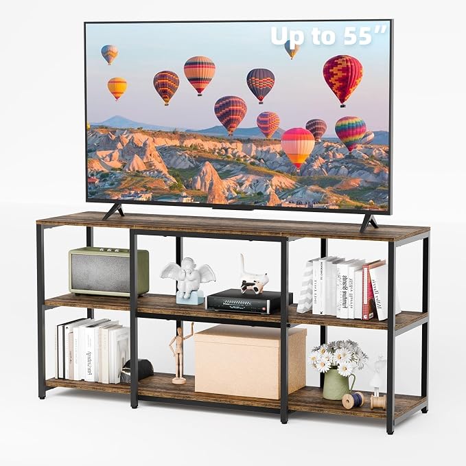 Aquzee TV Stand for 55 Inch TV, 49.2” Wide Entertainment Center with Open Storage, Wood & Metal Console Table and Media Furniture for Living Room Bedroom, Rustic Brown