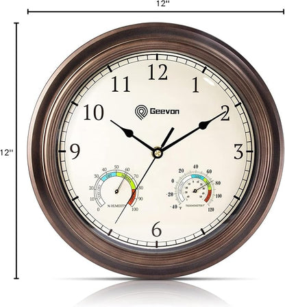 Geevon 12" Vintage Wall Clock Non Ticking with Hygrometer and Thermometer Combo,Battery Operated Quartz Decorative Wall Clocks for Home,Living Room,Office,Classroom,Kitchen,Bedroom Decor