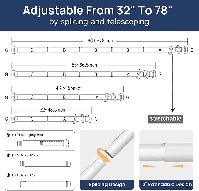 ENJOYBASICS 2 Pack Adjustable Spring Tension Curtain Rods 32 to 78 Inches, Stainless Steel White Shower Rod No Drilling for Window, Bathroom, Closet, Room Divider, 7/8" Diameter