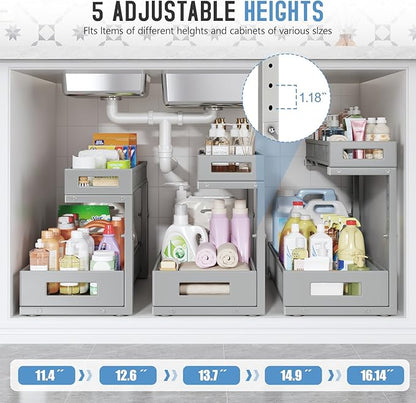 2 Pack 19IN Depth Under Sink Storage Organizer, Large 2-Tier Elegant Mesh Pull Out Shelf for Kitchen and Bathroom Cabinet Organization, L-Shaped and Adjustable Height Design-Gun Gray