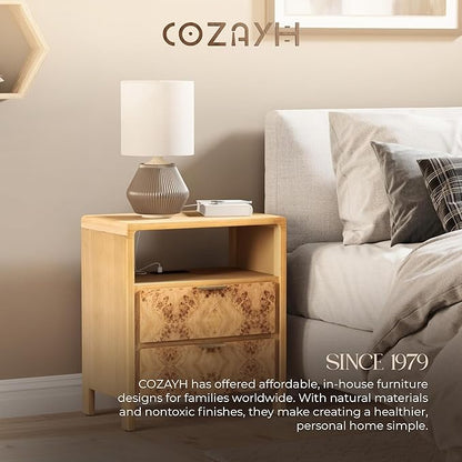 COZAYH Farmhouse Nightstand with Charging Station, Side Table with Power Outlet and USB & Type C Ports, Wood Bedside Table for Bedroom, Fully Assembled, Rustic, Natural, Burl