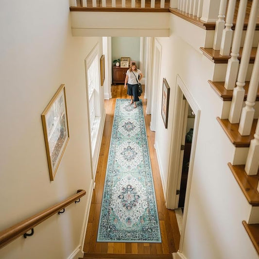 RELEANY Area Rugs Runner 2'x10' Washable Non-Slip, Floral Vintage Distress Medallion Carpet for Kitchen Hallway Bedroom Beside Laundry Room Bathroom, Green Navy Blue White Red Teal