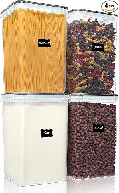 Vtopmart Extra Large Tall Airtight Food Storage Containers, 4 Pieces 5.9qt/6.5L Plastic PBA Free Kitchen Pantry Canister for Spaghetti, Flour and Baking Supplies, with 24 Labels, Black