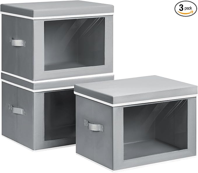Homsorout Large Storage Baskets Bins with Lids - Stackable Cube Bins for Closet, 3 Pack Grey Windows Organizer Bins, Home Organizers and Storage for Clothes, CD, Towels