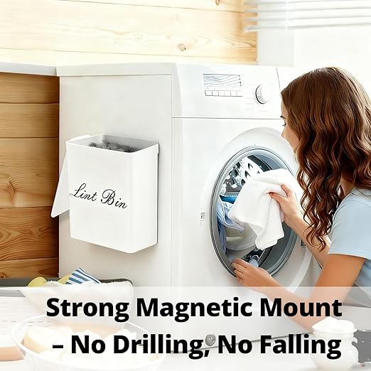 Artilife Magnetic Plastic Lint Bin with Lid for Laundry Room, 6 X 5 Inch Compact Wall Mount Lint Holder for Dryer, Small White ABS Trash Can for Dryer Lint and Sheets