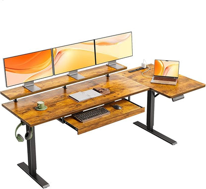 OffiGo 63 Inch Electric L Shaped Standing Desk with Keyboard Tray, Reversible Height Adjustable Corner Computer Desk with Monitor Stand, Sit Stand Up Lift Table for Home, Office, Rustic Brown