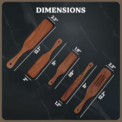 Wooden Spurtle Set – 5 Pcs Acacia Spurtle Spatula for Cooking - Natural Surtle Kitchen Tools for Nonstick Cookware, Salad Mixing, Serving & Stirring