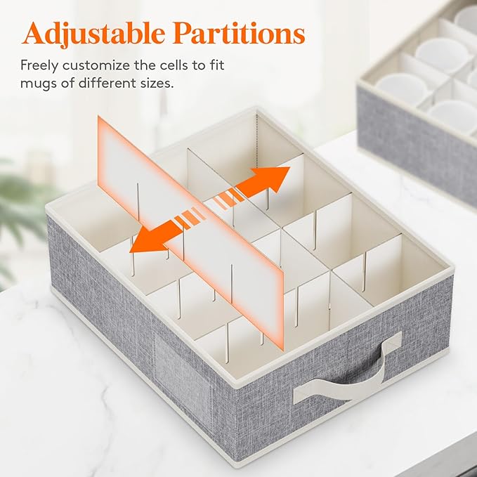 Lifewit 2 Pcs Coffee Mug Storage Box with Dividers, Stackable Cationic Hard Shell Stemware Containers with 24 Cells, Foldable Dustproof China Containers for Moving, Light Grey, 39 x33x14cm