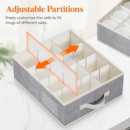 Lifewit 2 Pcs Coffee Mug Storage Box with Dividers, Stackable Cationic Hard Shell Stemware Containers with 24 Cells, Foldable Dustproof China Containers for Moving, Light Grey, 39 x33x14cm