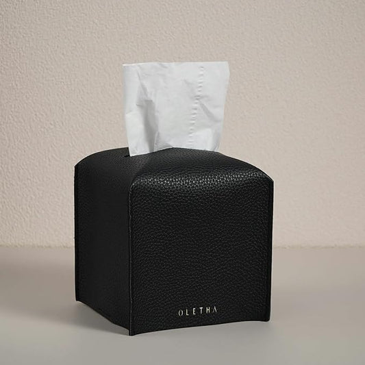OLETHA Square Tissue Box Cover - Aesthetic Desk Decor for Room, Home & Office - Tissues Cube Boxes Holder - Black, Set of 2