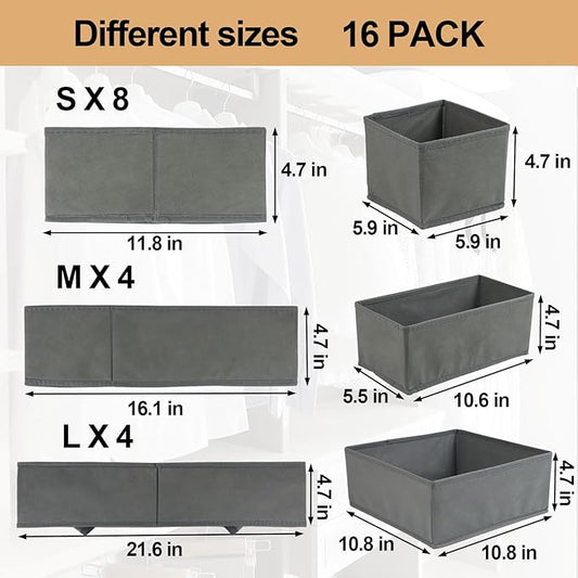 Fordonral 16 Pack Drawer Organizer Clothes, Foldable Fabric Dresser Organizer Closet Organizers and Storage Box for Underwear,Folded Clothes,Baby Clothing,Socks,Bra,Towels,Ties(Gray)