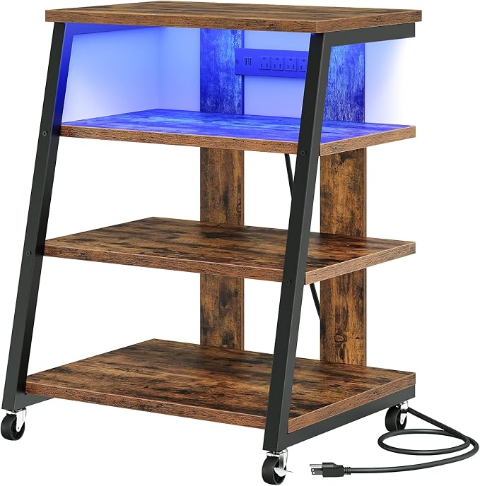 CHOEZON 4-Tier AV Media Stand with Wheels, Stereo Stands, Media Console Shelf with Power Strips, LED Lights, Wooden Audio Cabinet Rack Tower, Rustic Brown and Black TCJ60UDBF