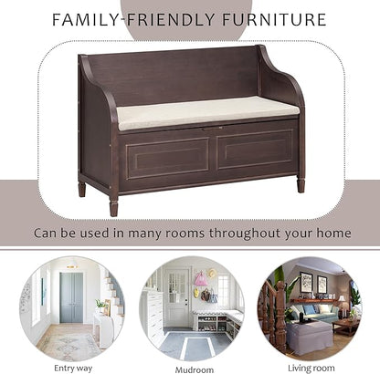 Bellemave Storage Bench with Safety Hinge Wooden Entryway Benches with Shoe Cabinets Under Seat Multifunctional Storage Bench for Entryway, Foyer or a Mudroom (Espresso + Beige)