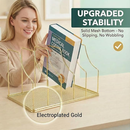 Gold Binder Organizer for Desk, 5 Slot Metal Wire Vertical File Sorter with Mesh Bottom, Large Desktop Magazine Holder Rack for 2 Inch Binders, Medical Coding Books, Vinyl Records, 12.1"