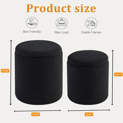 Round Ottoman with Storage Set of 2 - Upholstered Sherpa Vanity Stool for Makeup Multifunctional Ottomans Coffee Table Padded Seat Foot Rest for Living Room & Bedroom (Sherpa, Black)