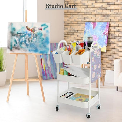 danpinera 3-Tier Rolling Cart, Utility Cart Mobile Metal Rolling Storage Cart with Lockable Wheels & Hanging Cups & Hooks for Kitchen, Bathroom, Office, Workshop, White