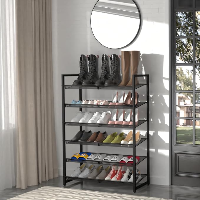 Shoe Rack, 6-Tier Metal Shoe Organizer, Tall Shoe Rack for Closet,entryway,Garage, with Adjustable Flat or Angled Shelves, Holds 18-24 Pairs,Shoes that can accommodate The Whole Family.
