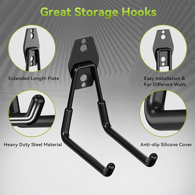28 Pack Garage Hooks, Heavy Duty Garage Storage Hooks & Hangers Set, Wall Mounted Garage Organization System for Tools, Ladders, Bikes, Hoses, with Anti-Slip Coating Hooks for Garage, Shed, Workshop