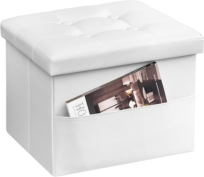 AmasSmile White Storage Ottoman Folding Foot Rest Stool with Side Pocket, 16 inch Leather Footstool Bench, Short Ottoman Bench, Storage Foot Rest Store, Books