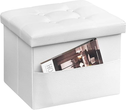 AmasSmile White Storage Ottoman Folding Foot Rest Stool with Side Pocket, 16 inch Leather Footstool Bench, Short Ottoman Bench, Storage Foot Rest Store, Books
