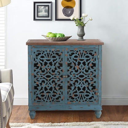 Sophia & William Accent Cabinet with 2 Doors, Distressed Storage Cabinet with Wood Frame and Hollow-Carved Door for Entryway Living Room, Blue