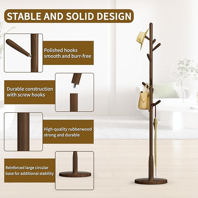 Solid Wood Round Base Coat Rack, Free Standing Hall Coat Tree with 8 Hooks（+2 spare) for Coats, Hats, Bags, Purses, for Entryway, Hallway, Rubberwood Hooks,Base and Pole(Round Base,Dark Walnut)