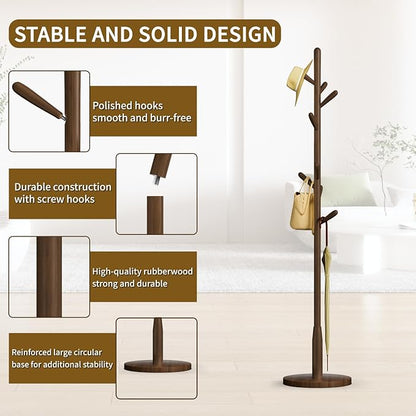 Solid Wood Round Base Coat Rack, Free Standing Hall Coat Tree with 8 Hooks（+2 spare) for Coats, Hats, Bags, Purses, for Entryway, Hallway, Rubberwood Hooks,Base and Pole(Round Base,Dark Walnut)