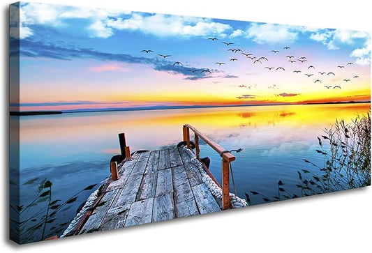 XXMWallArtFC2262 Jetty In The Sunset Lake Wall Art Canvas Prints Painting Nature Pictures Framed Landscape Paintings Canvas Wall Art for Living Room Bedroom Kitchen Home and Office Wall Decor