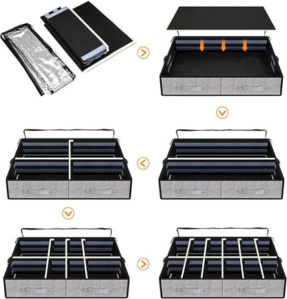 Under Bed Shoe Storage Organizer, Set of 2, Underbed Shoes Container with Adjustable Dividers, Fits 24 Pairs, Gray