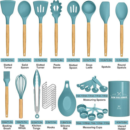 Umite Chef Kitchen Cooking Utensils Set, 33 pcs Non-stick Silicone Utensils Spatula Set with Holder, Silicone Kitchen Gadgets Utensil Set(Dark Blue)