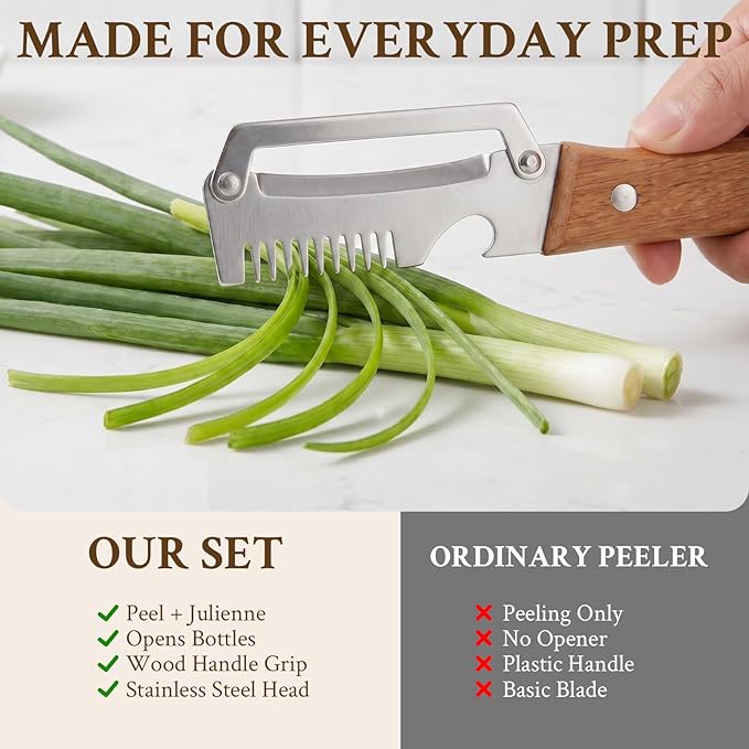 2026 Upgrade Vegetable Peeler and Julienne Peeler Set, Stainless Steel Vegetable Peelers for Kitchen with Wood Handles and Bottle Opener, 2-Pcs Multifunctional Vegetable Peeler Set