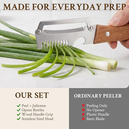 2026 Upgrade Vegetable Peeler and Julienne Peeler Set, Stainless Steel Vegetable Peelers for Kitchen with Wood Handles and Bottle Opener, 2-Pcs Multifunctional Vegetable Peeler Set