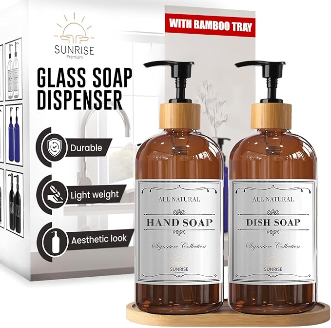 Sunrise Premium 16 OZ Thick Amber Glass Soap Dispenser, Bamboo Pump with Tray 2 Pack, Hand and Dish Soap Dispenser Set for Bathroom with 6 Waterproof Labels