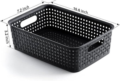 [ 12 Pack ] Plastic Storage Baskets, Small Pantry Organization and Storage Bins, Household Organizers for Laundry Room, Bathrooms, Kitchens, Cabinets, Countertop, Under Sink or Shelves, Black