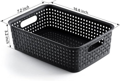 [ 8 Pack ] Plastic Storage Baskets, Small Pantry Organization and Storage Bins, Household Organizers for Laundry Room, Bathrooms, Kitchens, Cabinets, Countertops, Under Sink or Shelves, Black