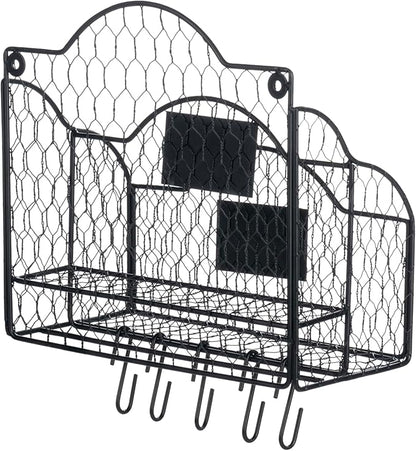 MyGift 2 Compartment Mail Inbox/Outbox Sorter, Wall Mounted Modern Black Metal Wire Entryway Organizer Basket for Mails, Bills and Office Supplies with Chalkboard Labels and 5 Hanging Key Hooks