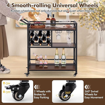 Giantex Bar Cart, 3 Tier Serving Cart for Home, 8 Wine Bottles Rack, Glass Holder, Industrial Mobile Kitchen Cart with Lockable Wheels and Handle, Storage Shelves for Drink Beverage