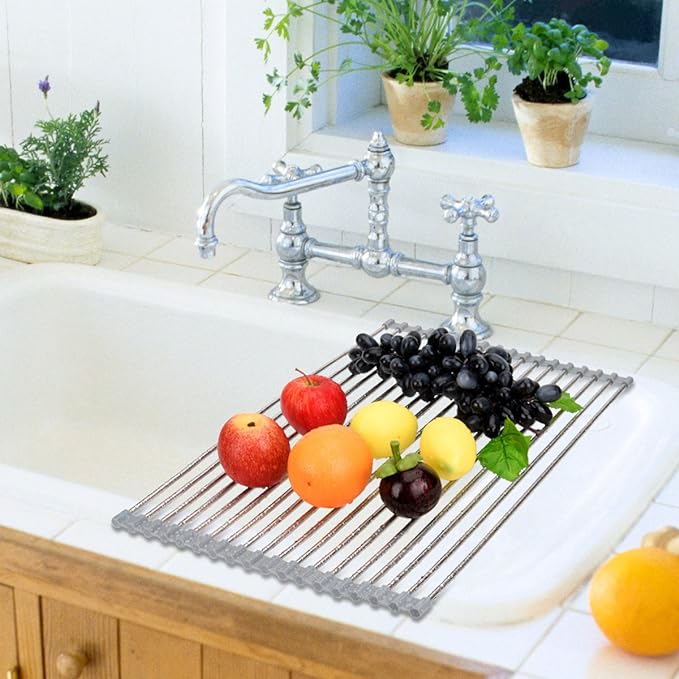 Hhyn Roll Up Dish Drying Rack 20.5"(L) x 13.8"(W) - Stainless Steel and Silicone Dish Drying Mat Over The Sink Foldable Drain Rack Multipurpose Dish Drainer Extra Large, Gray