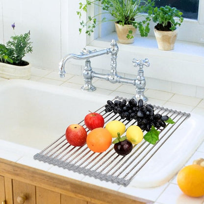 Hhyn Roll Up Dish Drying Rack 20.5"(L) x 13.8"(W) - Stainless Steel and Silicone Dish Drying Mat Over The Sink Foldable Drain Rack Multipurpose Dish Drainer Extra Large, Gray