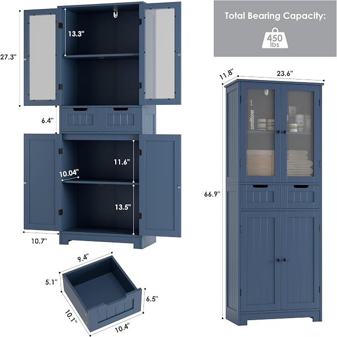 HORSTORS 67" Tall Bathroom Storage Cabinet, Freestanding Storage Cabinet with Glass Door and Shelves, Kitchen Pantry with 2 Drawers for Bathroom, Living Room, Dining Room, Blue