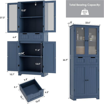 HORSTORS 67" Tall Bathroom Storage Cabinet, Freestanding Storage Cabinet with Glass Door and Shelves, Kitchen Pantry with 2 Drawers for Bathroom, Living Room, Dining Room, Blue